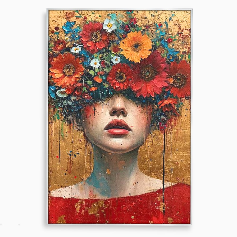 Tablou canvas cu tablou canvas cu portret de femeie si flori, in rama de aluminiu argintiu